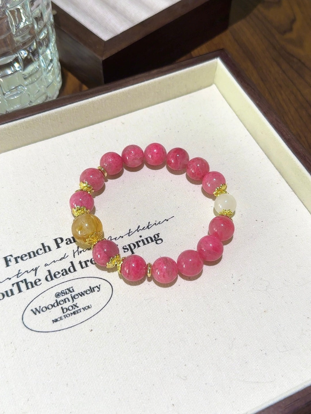 ▫️▪️ Rose stone yellow gum flower white moonlight bracelet